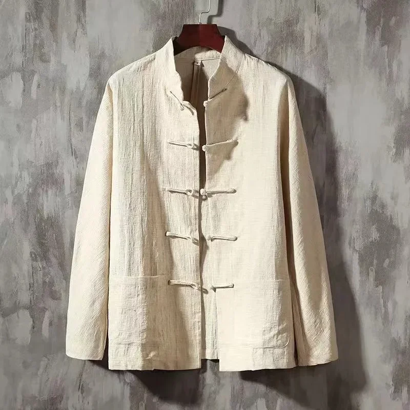 XXXXXL Plus Size Men Cotton Linen Shier Autumn Spring Men Collarless Long Sleeve Frog Button Loose Blouse Tops Oversized M-5XL
