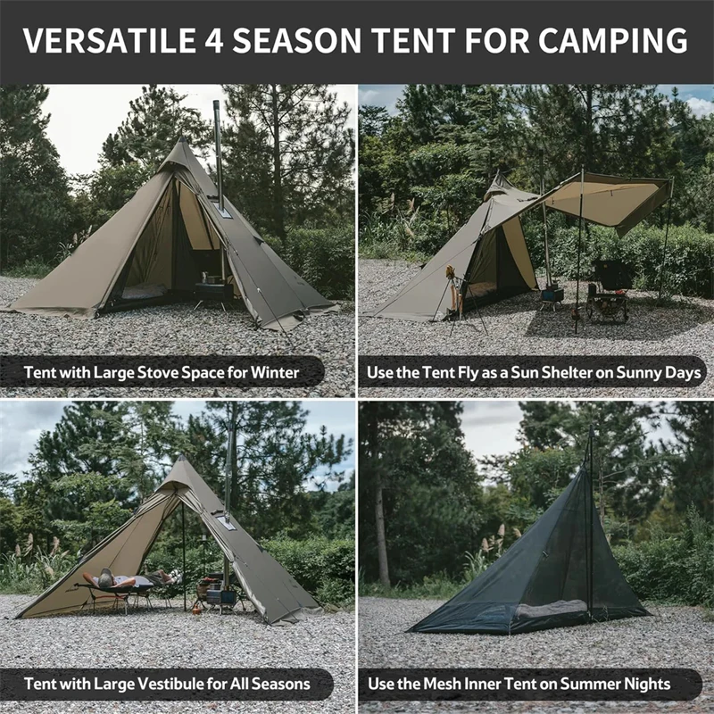 Naturehike Ranch Fire Pyramid Tent Chimney 4-Season Teepee Tipi Tent 2-4 Person 210T Waterproof Outdoor Camping