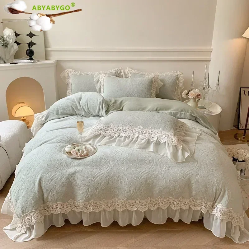 French Vintage Double Layer Lace Ruffles Carved Velvet Duvet Cover