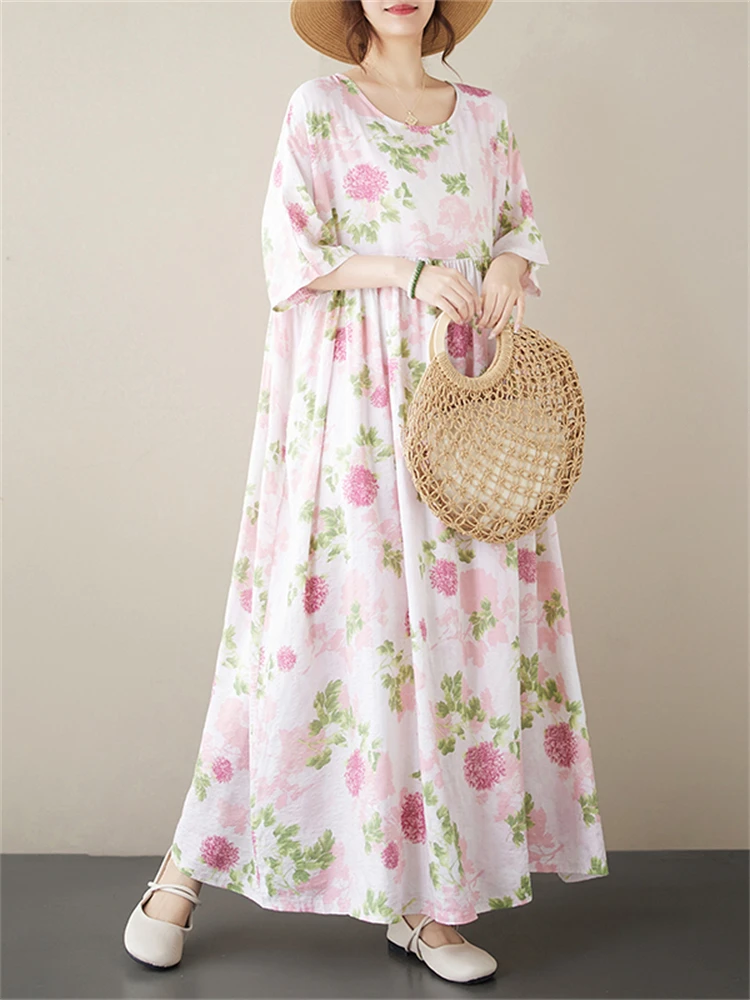 Oversize Summer Cotton Print Pink Dresses For Women Vintage Casual Loose Long Dress Femme Robe Vestidos Elegant Fashion Clothing