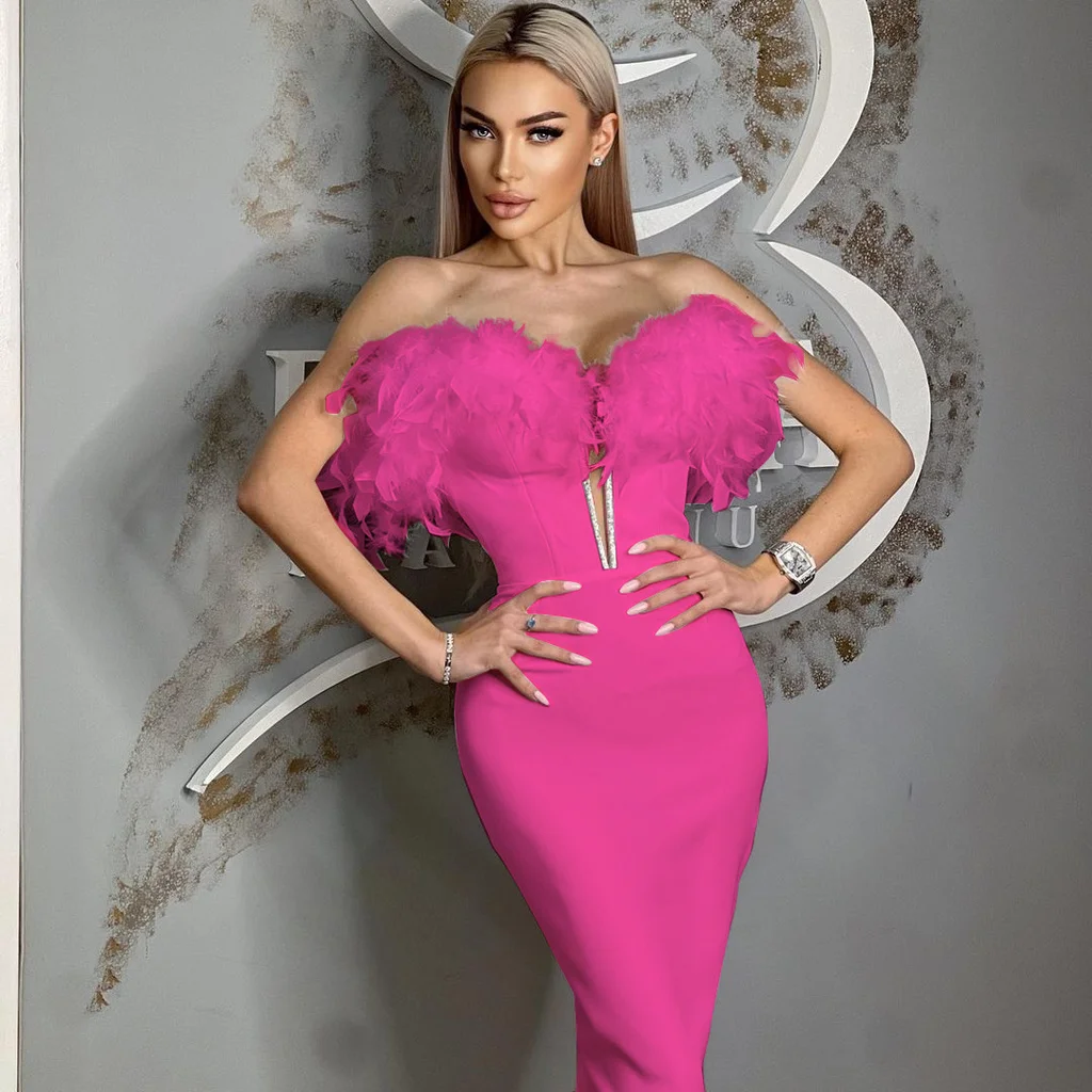 

High Quality Gorgeous Feathers StrapLess Mid Lenght Dress Hotsweet Woman Evening Party Dress Celebrity Birthday Party Vestido