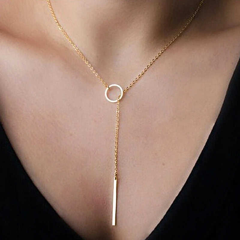Simple Fashion Plated Gold Metal Chain Necklace For Women Circle Long Strip Pendant Temperament Jewelry Accessories