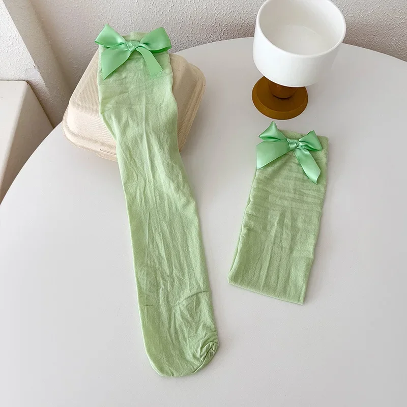 Girls' Velvet Long Socks Spring Summer Thin Ice Socks Candy colored Bow Japanese Cute Leg Over Knee Socks 6