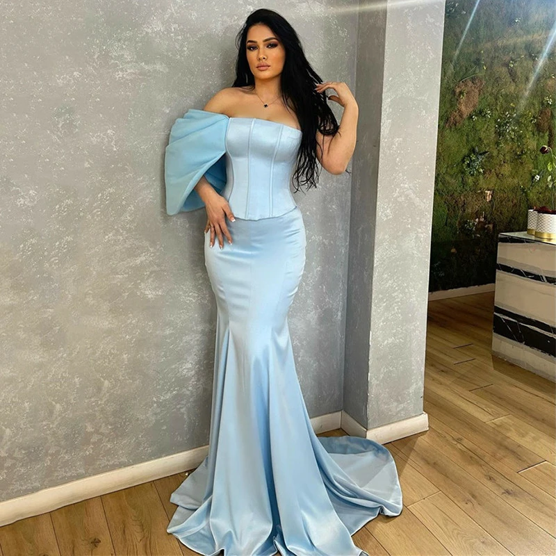 

One Shoulder Mermaid Evening Dresses Sky Blue Satin Sleeveless Corset Sweep Train Long Celebrity Prom Party Gowns 2023