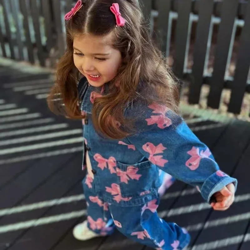 2025 New Denim Kids Set – Bow Print Baby Girl Dress & Denim Jacket 3