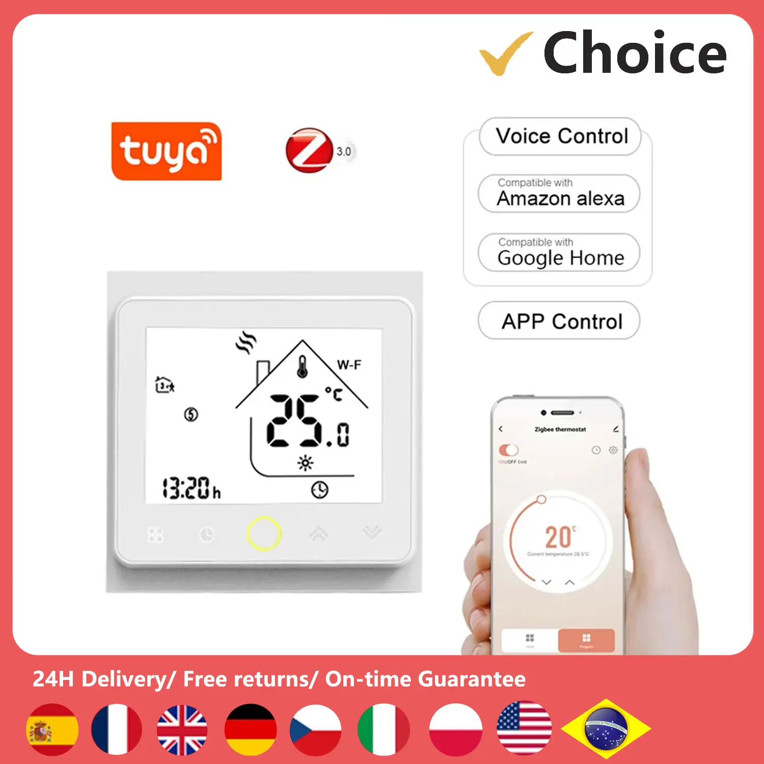 

Tuya Wifi/ZigBee3.0 Smart Thermostat 5A Voice Control Water Floor Heating Thermostat APP Control Works with Alexa Google Home