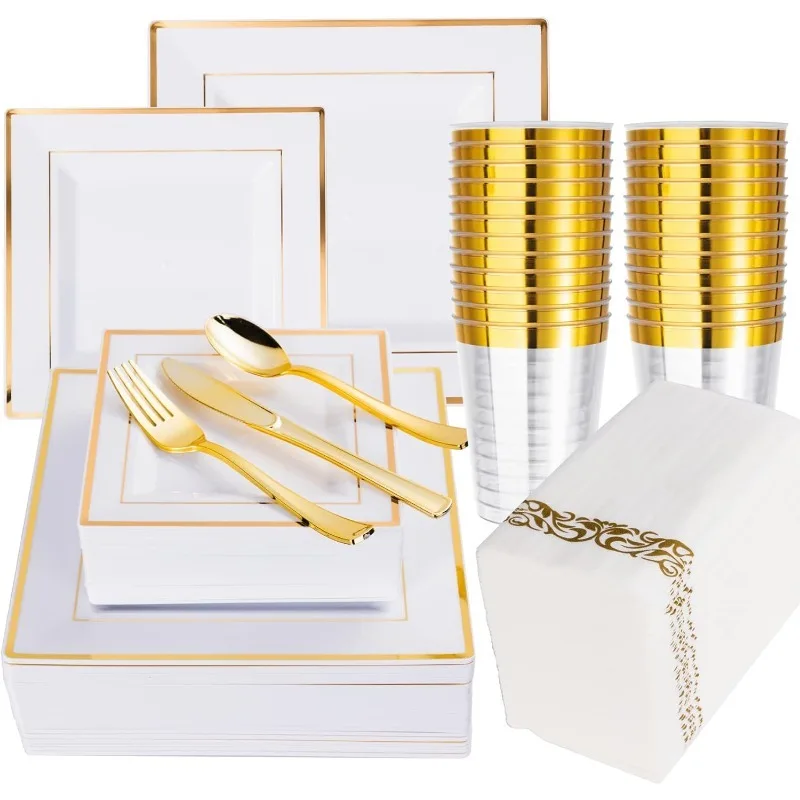 50 Guest Dinnerware Set-Square Plastic Plates, Plastic Forks, Spoons, Knives, Cups，Napkins-Disposable Dinnerware Set for Wedding