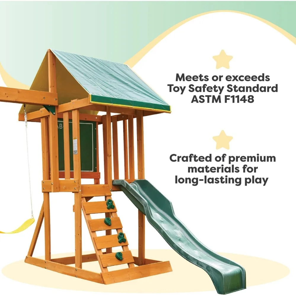 Wooden Swing Set pre-treated with a water-based stain that includes UV and mold protection to hold up against the elements 3