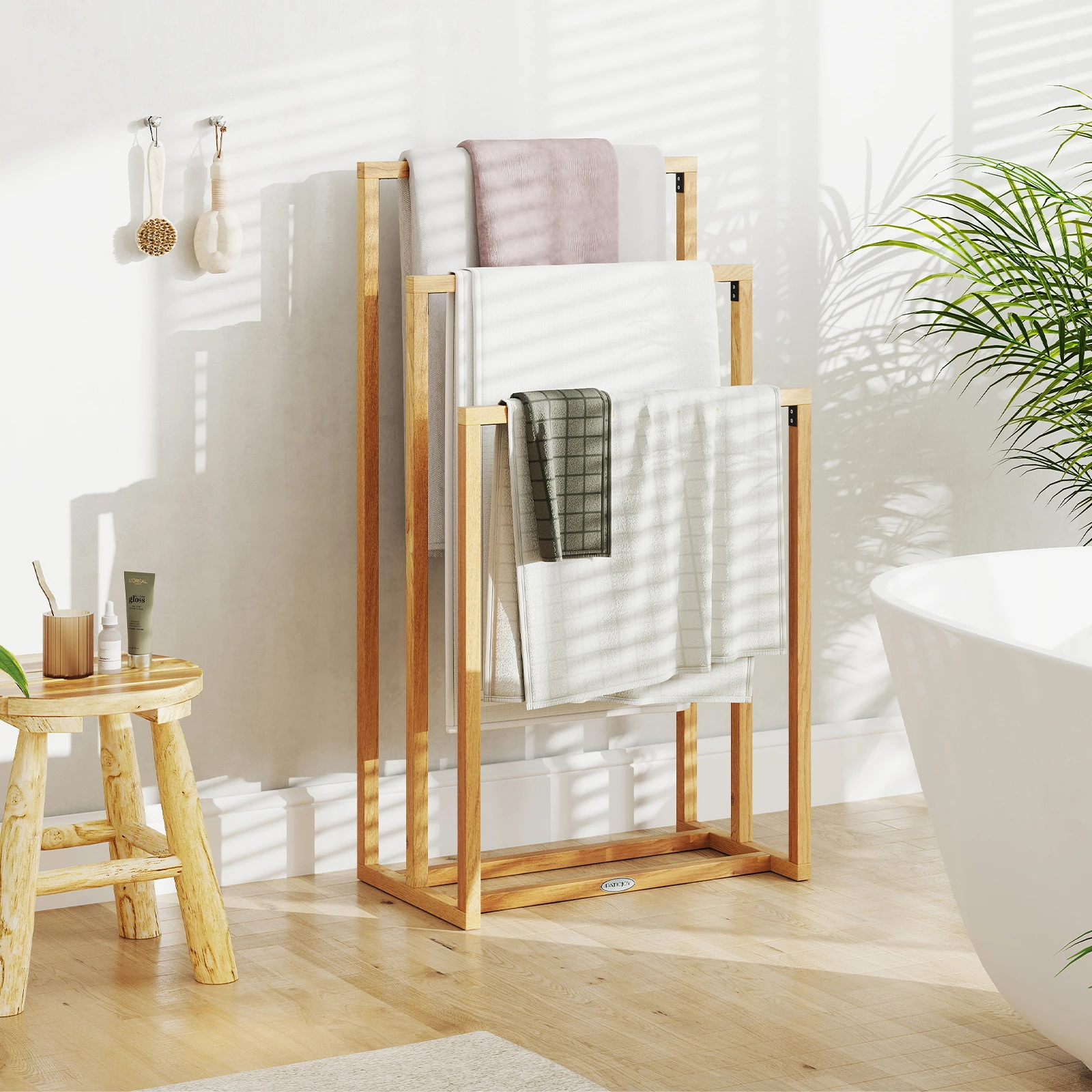 3-Tier Freestanding Towel Rack with 3 Hanging Crossbars for Bathroom Natural