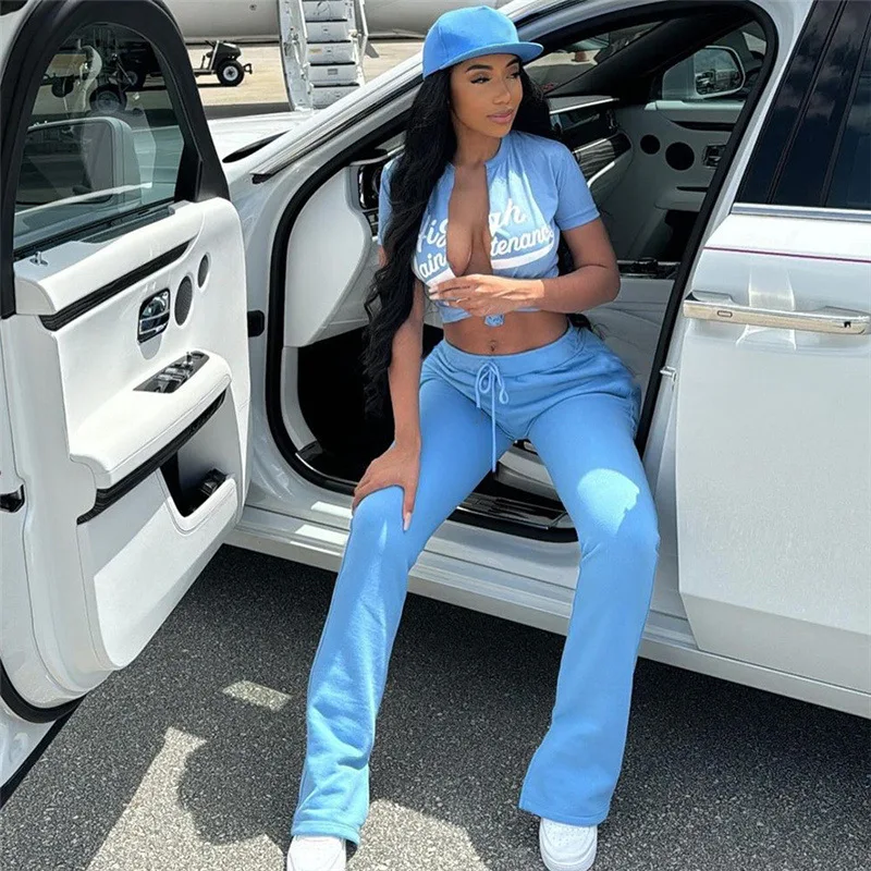 Letter Printed 2 Pieces Set Women Tracksuit 2024 Summer Short Sleeve Lace-up Crop Tops Drawstring Sweatpants Streetwear