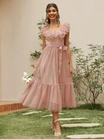 V-neck mesh summer tulle party dress women Backless pink ruffle sleeveless dresses Elegant sash maxi