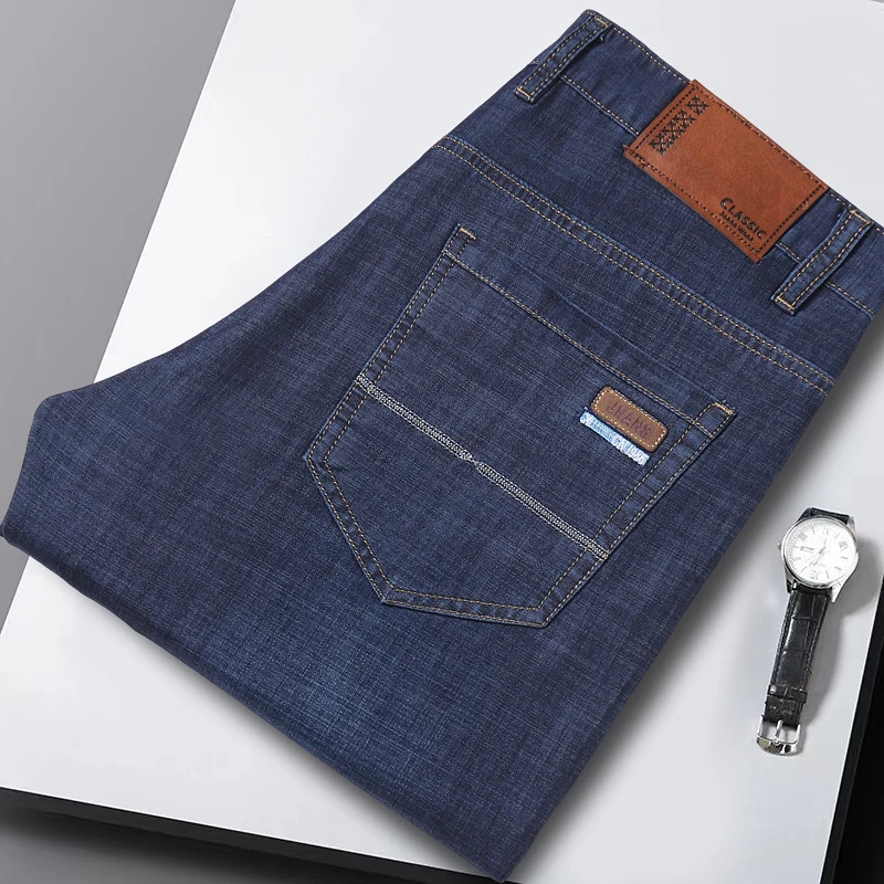 New Thin Denim Jeans Men's Blue Straight Stretch Cotton Pants High Quality Business Casual Lightweight Pants Summer Autumn 6
