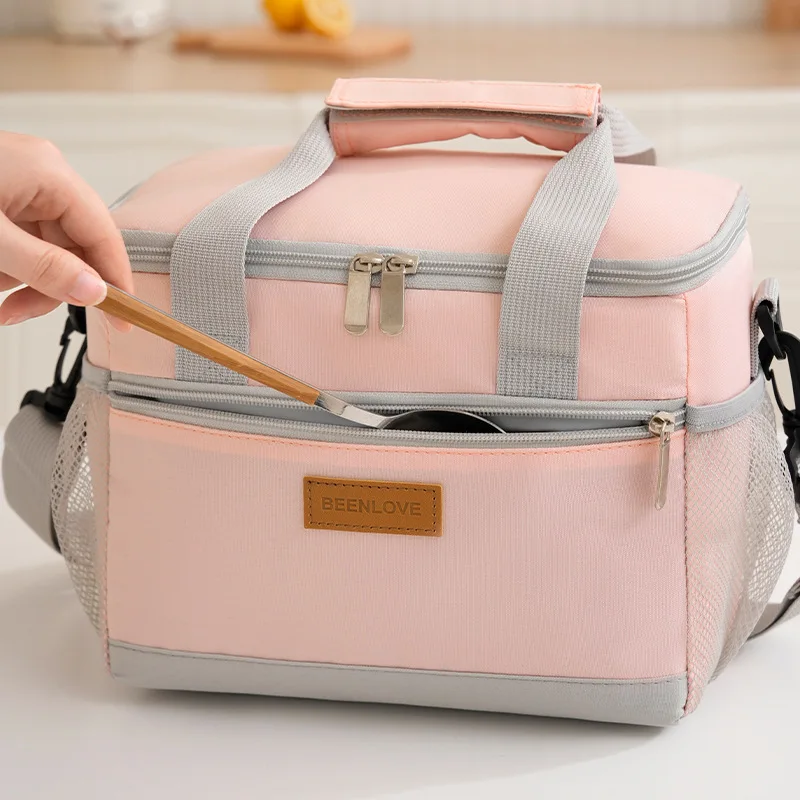Spacious Dual-Compartment Insulated Lunch Tote with Portable Handle and Shoulder Strap