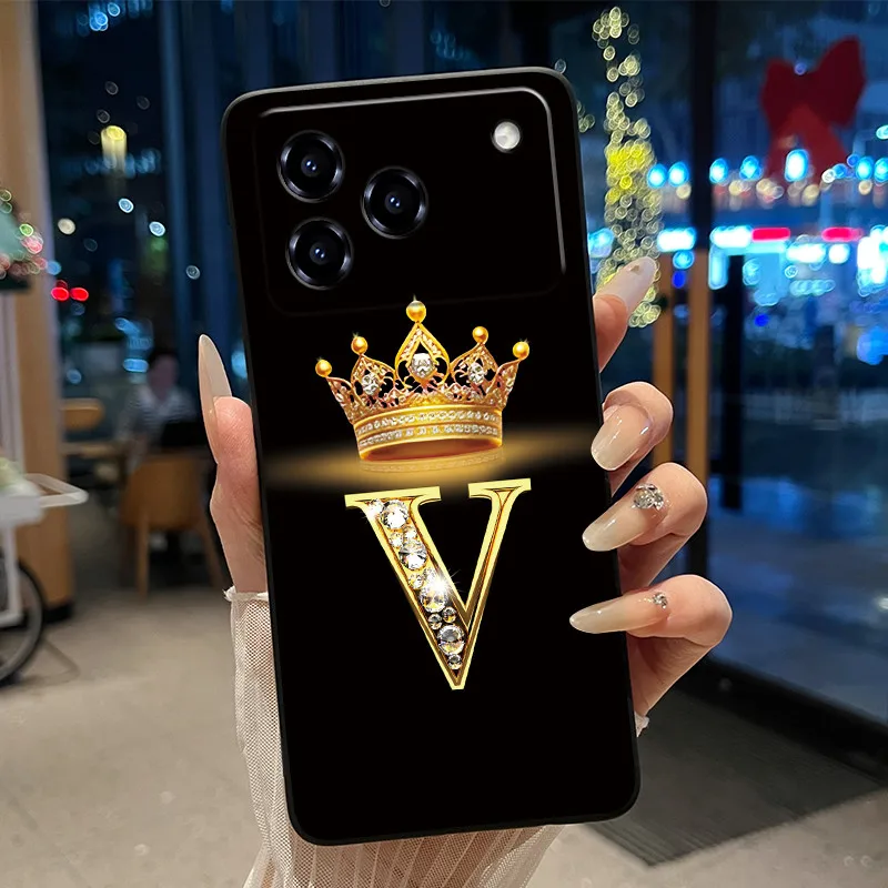 Elegant Shockproof Soft Silicone Black Phone Case with Golden Crown Design
