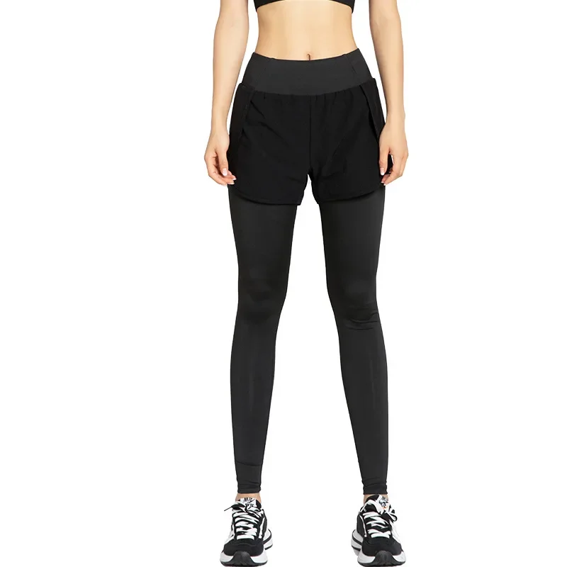 Women Gym Yoga Pants Shorts Legging Fake 2 Pcs Running Sports Pants With Phone Pocket Quick Dry Outdoor Fitness Workout Tights