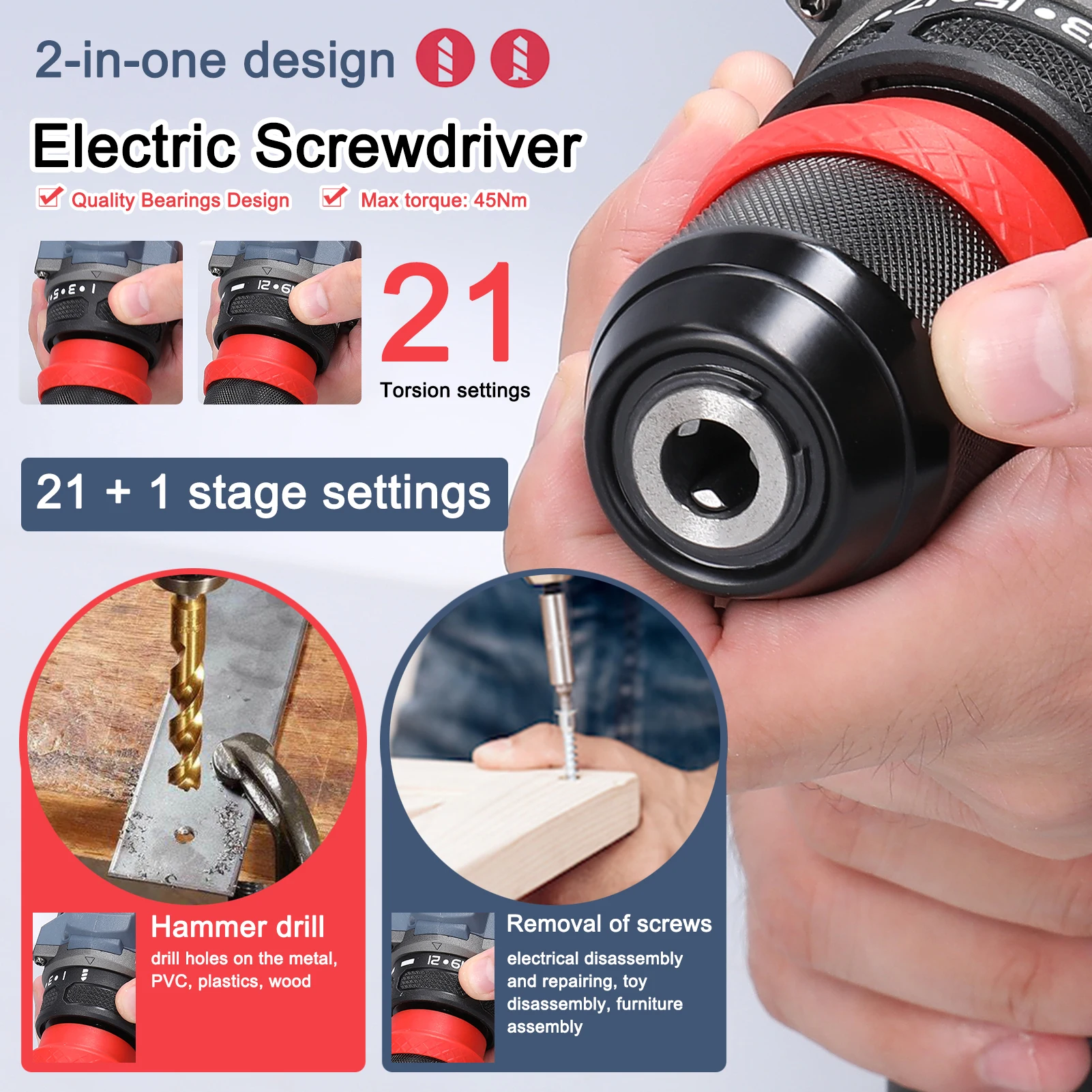 16.8V/21V Cordless 2in1 Electric Screwdriver Drill Brushless Motor 45/55Nm Rechargeable Multifunction Screw Driver Impact Drill 5