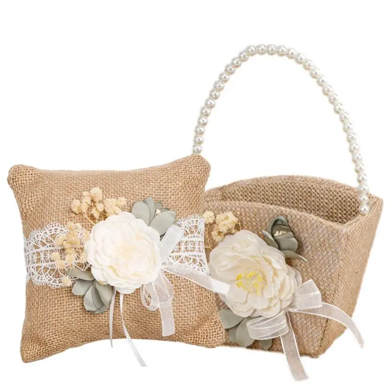 Burlap Flower Girl Basket For Weddings Candy Storage Bag Rustic Wedding Ring Pillow Cushion Party Decoration DIY Baby Shower