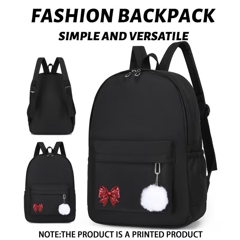 This large-capacity, casual, and versatile backpack is perfect for back-to-school season. It features a simple red bow print and