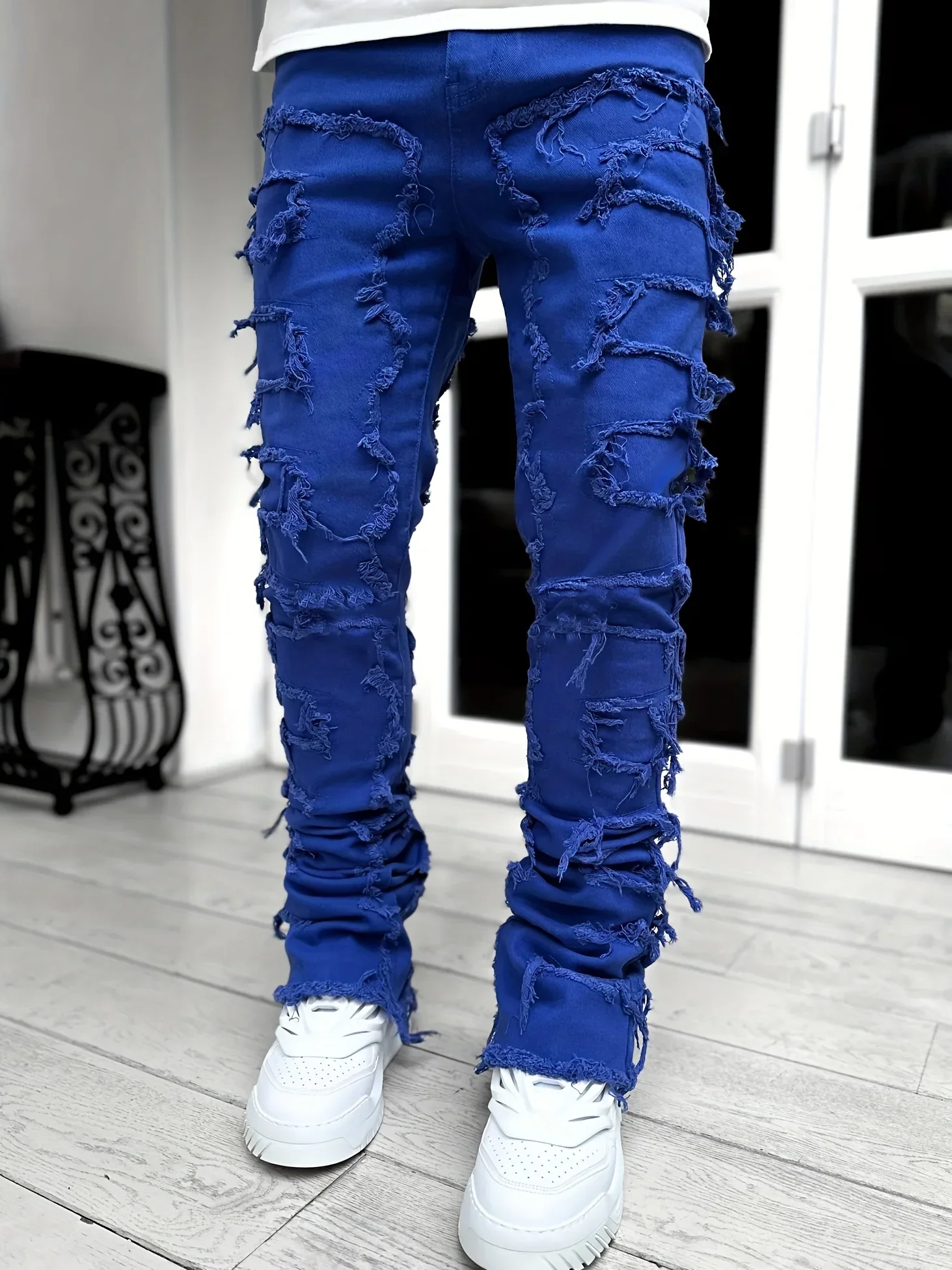 

Creative Tassels Decoration Straight Fit Jeans, Men's Casual Medium Stretch Street Style Denim Pants For All Seasons