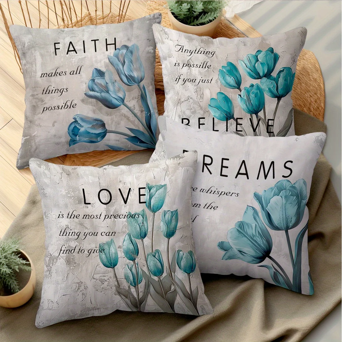 4PCS Blue Tulip Plush Pillow Covers (No Pillow Inserts) 4