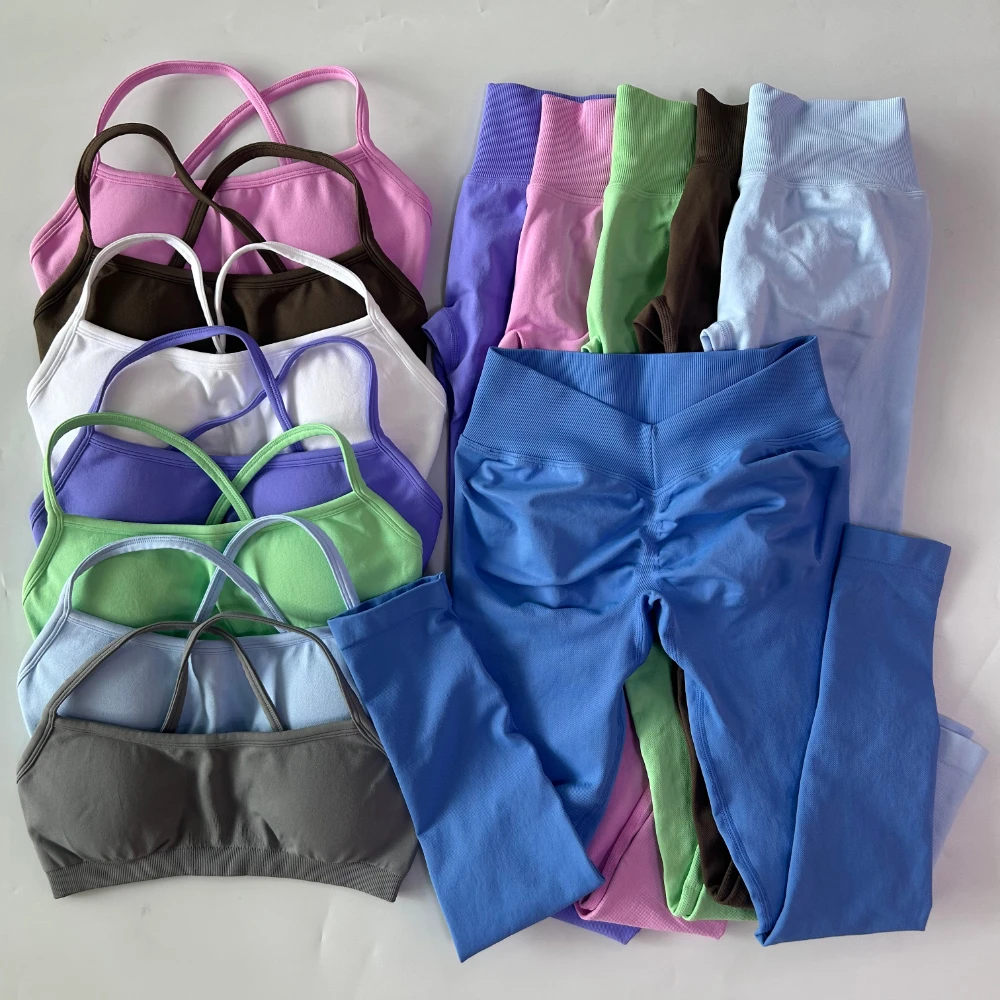 2 Pieces Gym Set For Women Clothes Seamless Scrunch Yoga Leggings Set Backless Sports Bra Fitness Workout Top Yoga Set Outfits