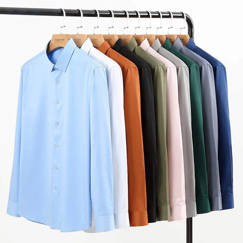 Long Sleeve Shirt Casual Business High Elasticity Soft Cozy No Pockets Thin White Work Shirt Long-sleeved Shirt Men Slim Fit Non-iron Work