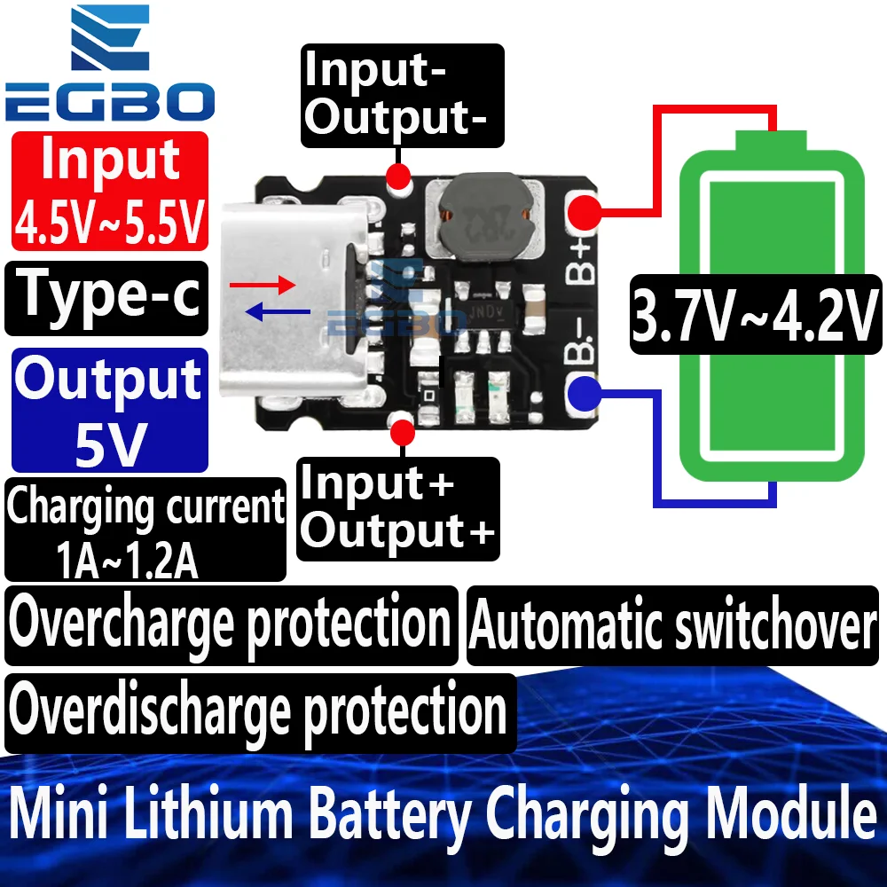 1 ~ 10 Stück EGBO Mini-Lithium-Batterie-Lademodul, 5 V Ausgangs-Boost 1,2 A 18650 Typ C mit Schutz