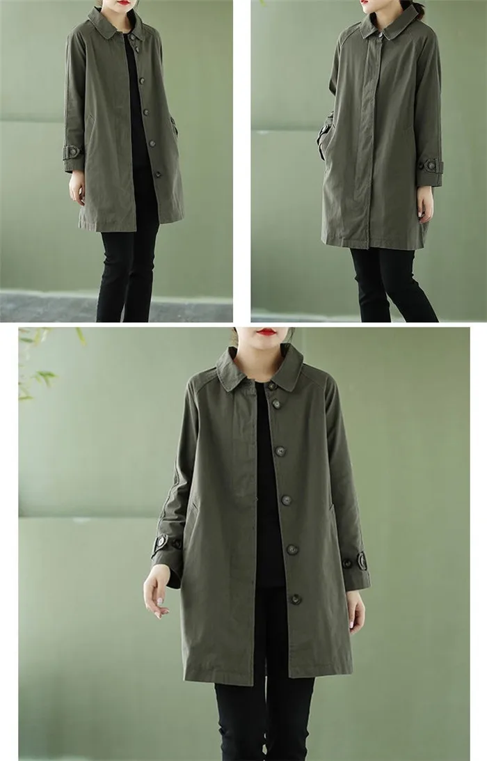 Washed Cotton Trench Coat Women's Spring Autumn Korean Loose Windbreaker Coat Casual Mid-Length Single-Breasted Khaki Outerwear bubble coat women