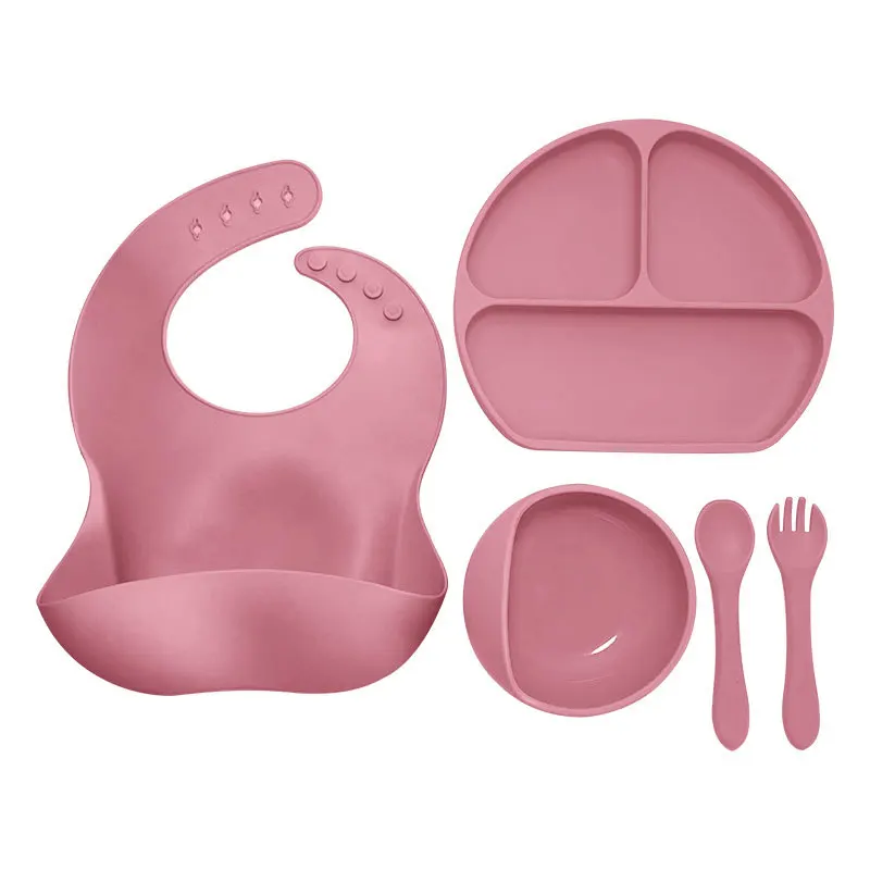 

Silicone Baby Feeding Set BPA Free Suction Bowl Divided Plate Wood Handle Spoon Fork Cup Set Children Tableware Solid Color