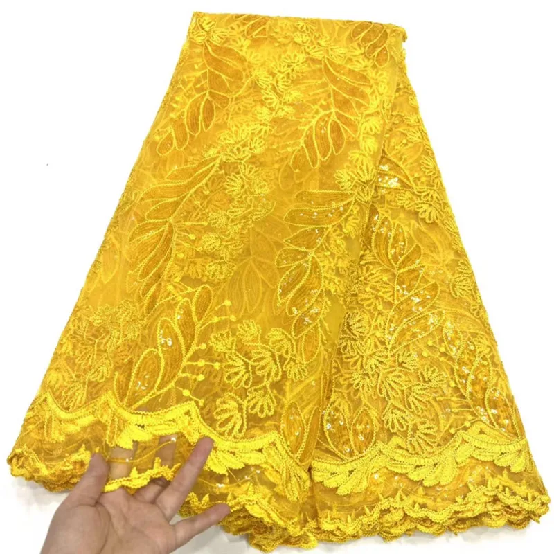 

African High Quality Lace Fabric 2023 Yellow French Net Sequins Fabric Sewing Embroidered Lace in Tulle Nigeria Fabric 5 Yards