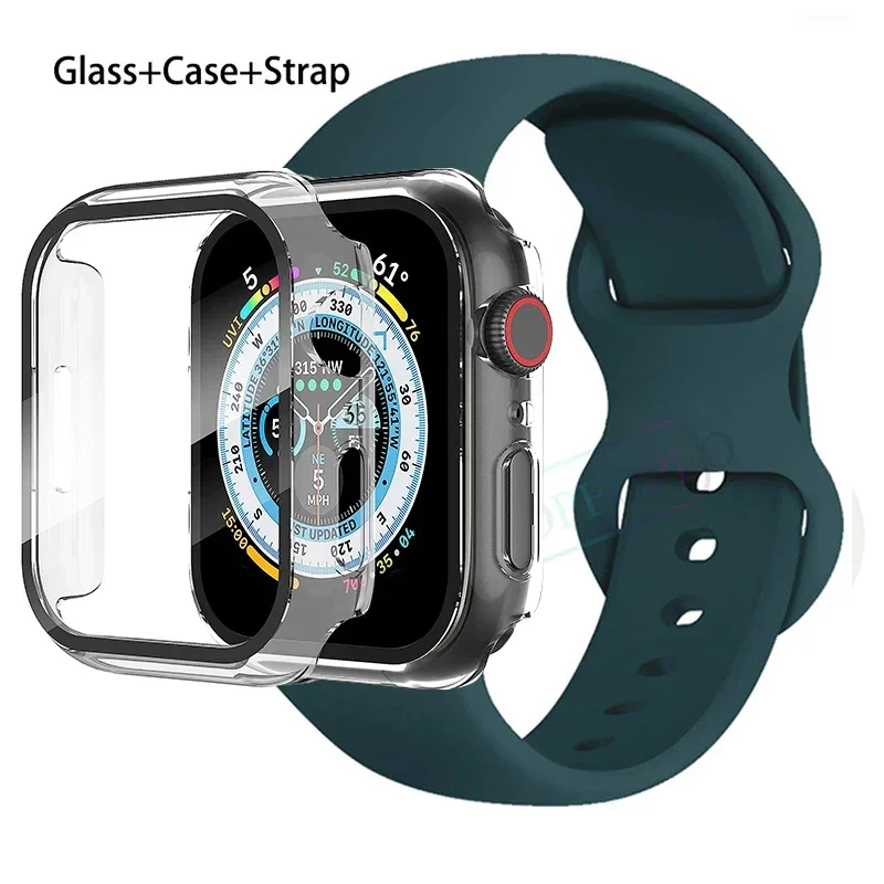 Premium Silicone Apple Watch Band with Glass Case and Strap - Compatible with All Series