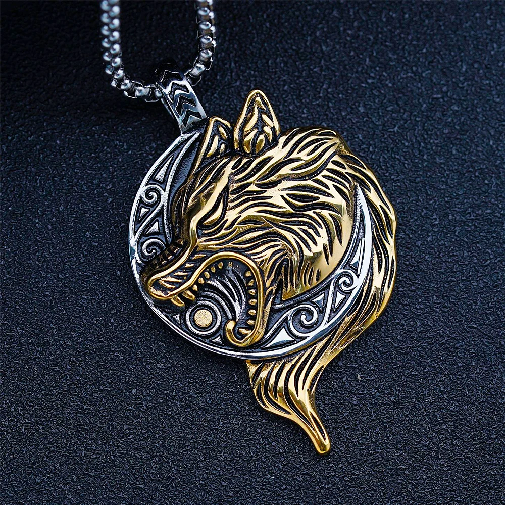 

Nordic Viking Wolf Necklace Stainless Steel Fashion Vintage Odin Viking Pendant Necklace Men Biker Amulet Jewelry Wholesale