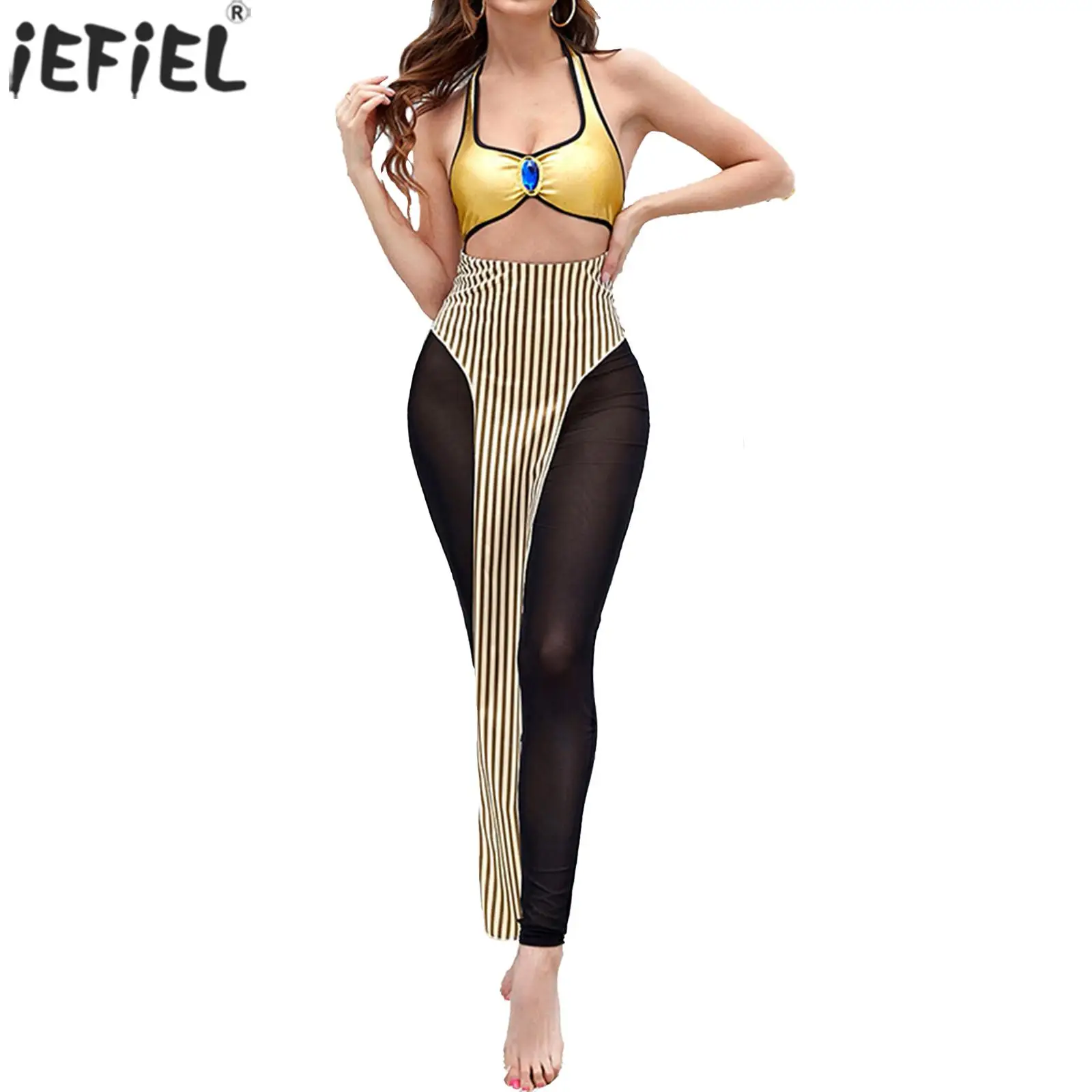 

Ancient Egypt Womens Jumpsuits Roma Cosplay Costumes Rhinestone Halter Hollow Out Mesh Pants Striped Skirt Rompers with Headband