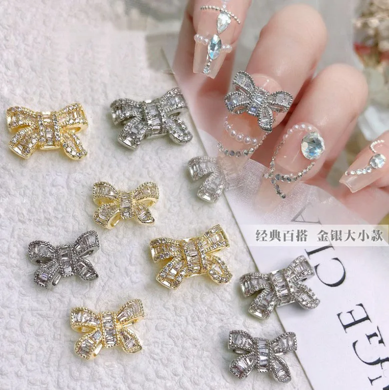 3PCS 새로운 네일 아트 진주 보석 실버 지르콘 Bowknot 금색과 은색 나비 체인 펜던트 네일 장식