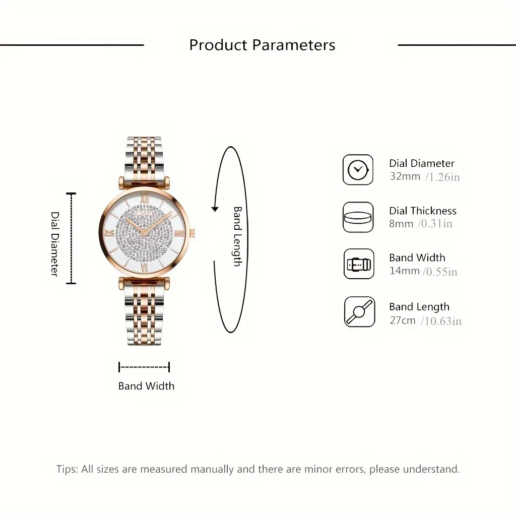 Luxurious Vintage Roman Numeral Dial Quartz Watch with Round Pointer & Rhinestone Decorations & Stainless Steel Band