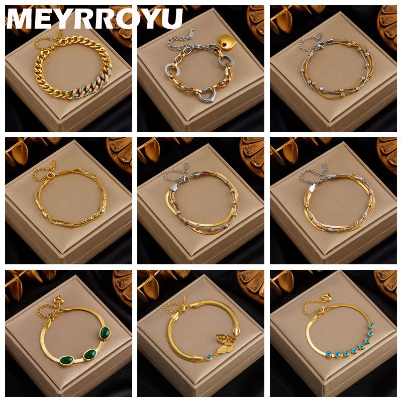 MEYRROYU 316 Stainless Steel Green Stone Heart Multilayer Charm Beads Bracelet for Women Party