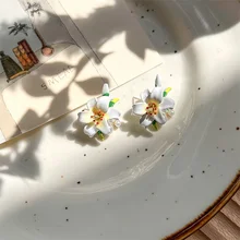  Romantic Enamel Lily Flower Stud Earrings 925 Silver Needle Summer Hand-painted Flower Earrings Women Ear Jewelry Party Gift 