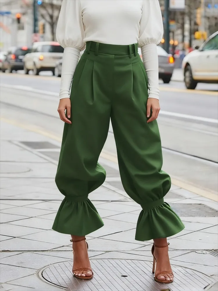 High-Waisted Trousers with Ruffled Cuffs - Front View
