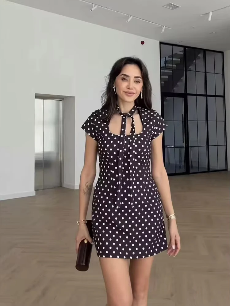 Robes mini à pois d’été HH pour femmes, robe décontractée à manches courtes avec col à lacets, robe sexy pour soirée en club, robe de soirée pour femme