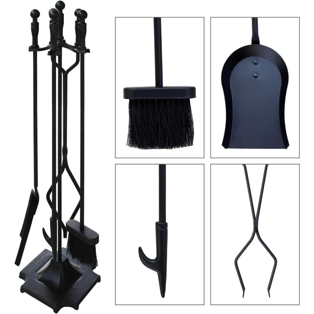 5 Pieces Fireplace Tools Fire Place Pit Poker Wood Stove Log Tongs Holder Tools Kit Sets with Handles Modern Black