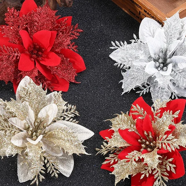 Christmas Artificial Flower 50/5pcs Red Glitter Poinsettia DIY Wreath Xmas Tree Ornaments Floral Wedding Party Home Decoration