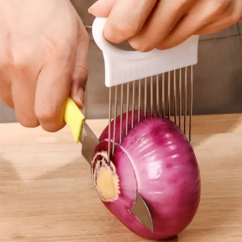 1pc Random Color Stainless Steel Onion Holder Slicer Vegetable Fixed Slicer