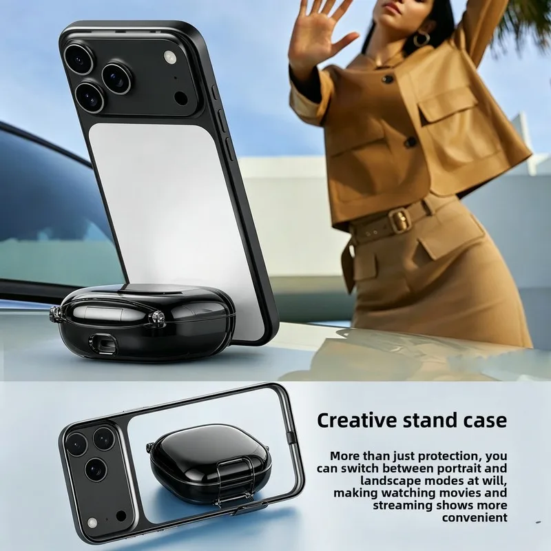 Protective Earphone Case with Lock Buckle & Stand, Includes Cleaning Tool