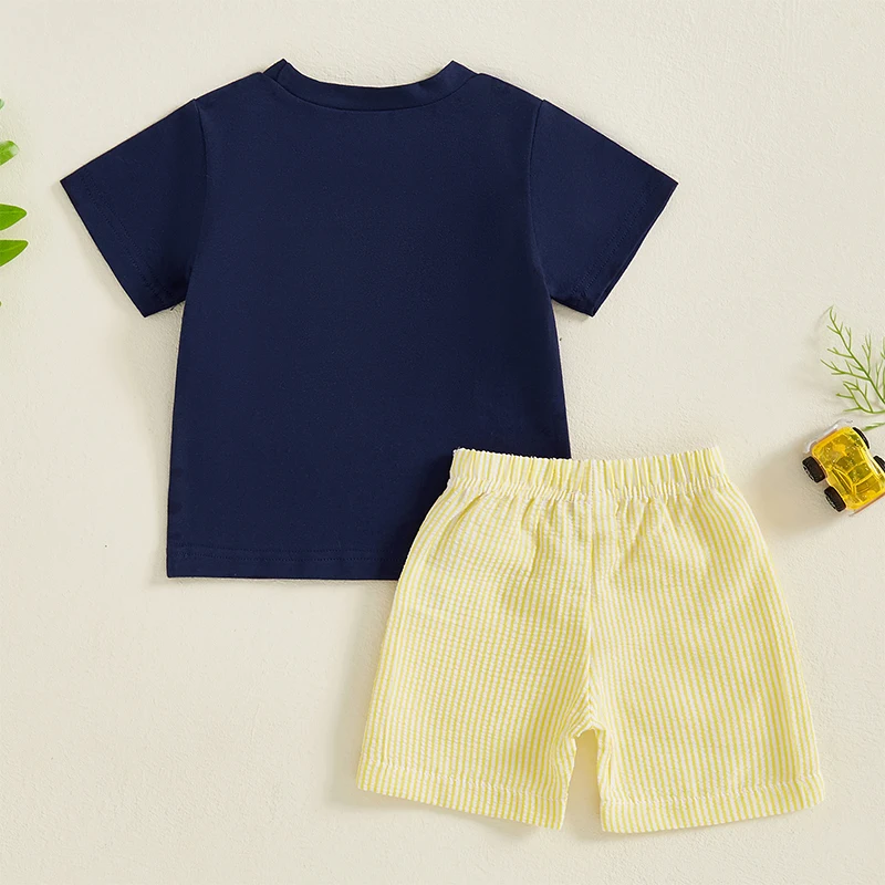 Toddler Infant Baby Boys Summer Clothing Sets Short Sleeve Tractor Embroidery T-shirt Tops + Striped Shorts 2pcs Outfit Boys Clothing Set