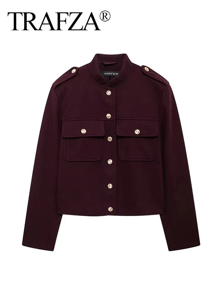TRAFZA Female Street Fashion Jackets For 2024 Autumn Fashion Long Sleeves Lapel Single Breasted Solid With Pockets Causal Coats