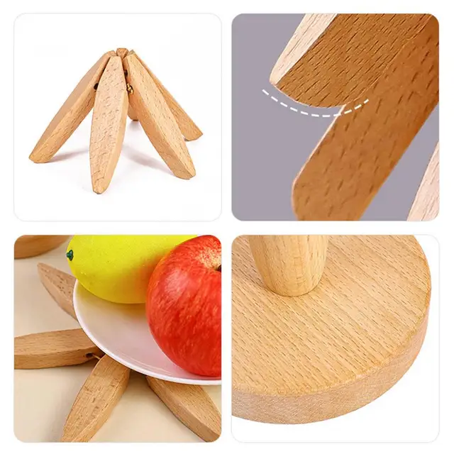 Set Of 4 Foldable Wooden Tree Coaster Trivets With Stand - Natural Beechwood Heat Resistant Pads For Hot Pots, Plates, Mugs 8 thumbnail image