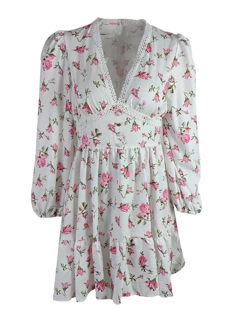 Vintage Women Summer Mini Dress Long Sleeve Floral Print