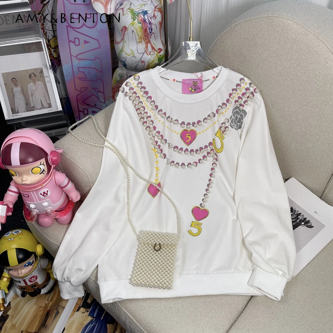 2023 Autumn Winter Hoodies New Fashion Design Beaded Necklace Front And Rear Printing Anti-Aging Casual Loose Top Sweatshirts