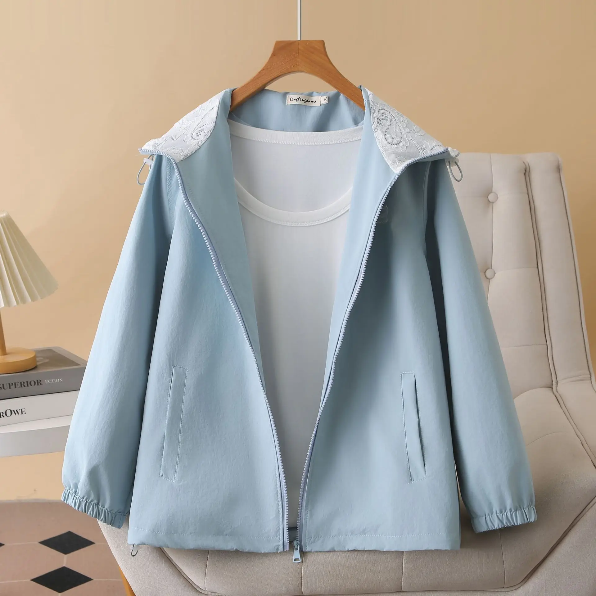 XXXXL Fashion Plus Size Women's Jacket New Autumn Lace Patchwork Hooded Casual Coats 932