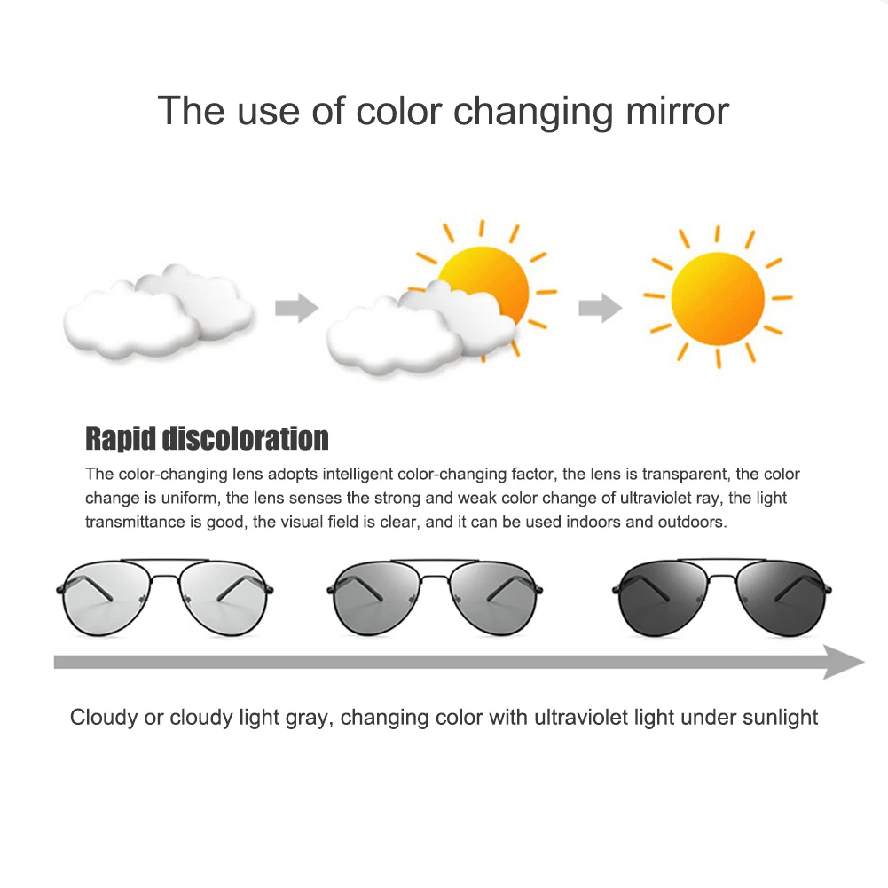 Photochromic Pilot Sunglasses UV Blocking Glasses Car Driving Sunglasses